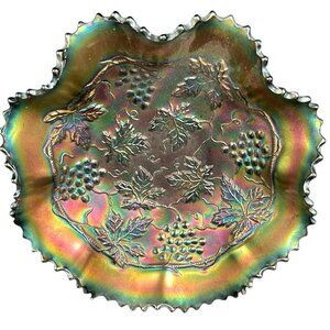 Northwood Electric Amethyst Grape & Cable Carnival Glass Bowl 9" Ruffled Antique